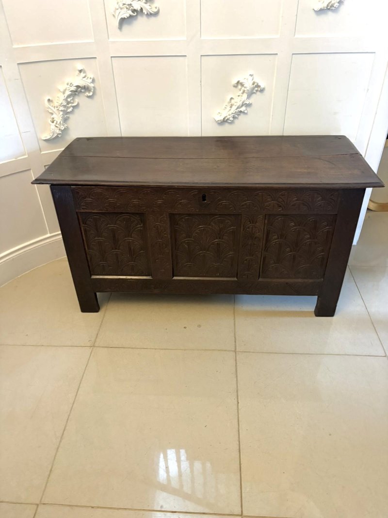 Antique 17th Century Carved Oak Coffer Chest Blanket Box With Original Candle Box - Image 2